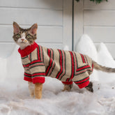 Festive plaid four-leg cat sweater in red and beige stripes, featuring a protective high-neck design for Sphynx and hairless cats - explormeow
