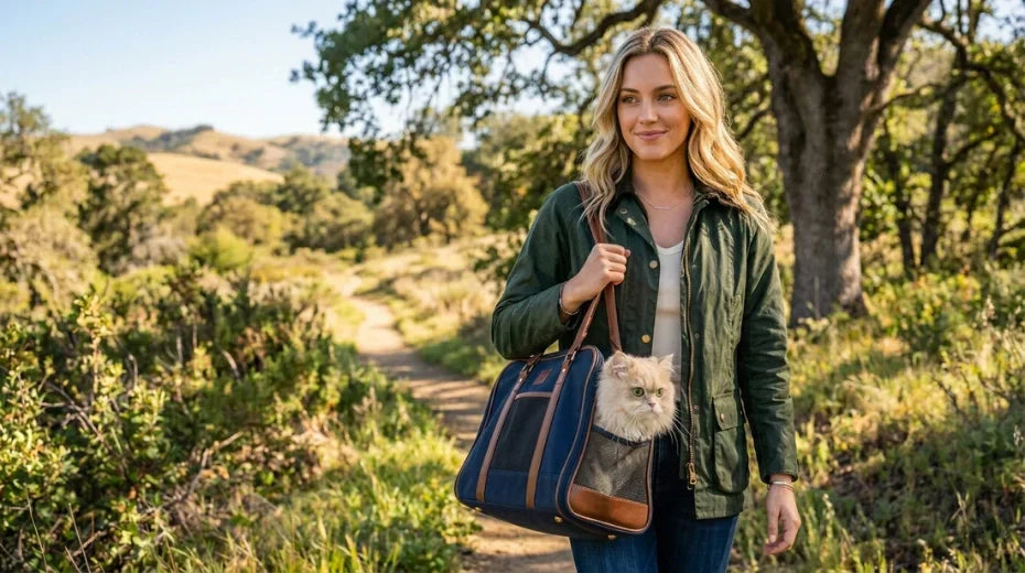 A smiling American woman walking on a nature trail, carrying a Persian cat in a navy blue cat tote bag and a cat harness.