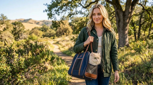 A smiling American woman walking on a nature trail, carrying a Persian cat in a navy blue cat tote bag and a cat harness.