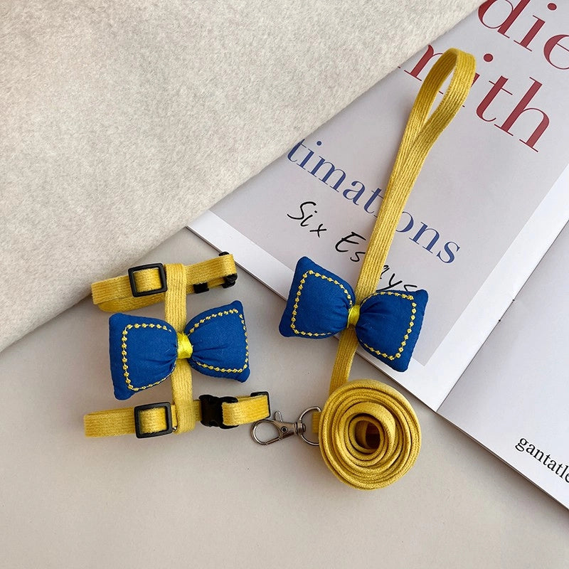Small Cats Harness And Leash Set | Bowknots Blue & Leash Yellow