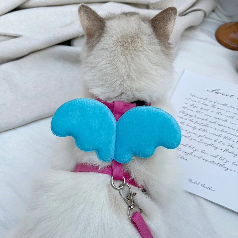 Cat Harness and Leash Set for Small Cats – Blue Butterfly Wings and Rose Pink Leash