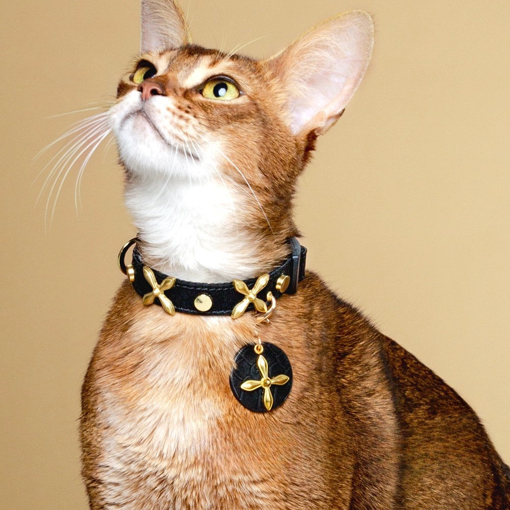 Handmade Cat Collar – Black Gold Viper PU Leather