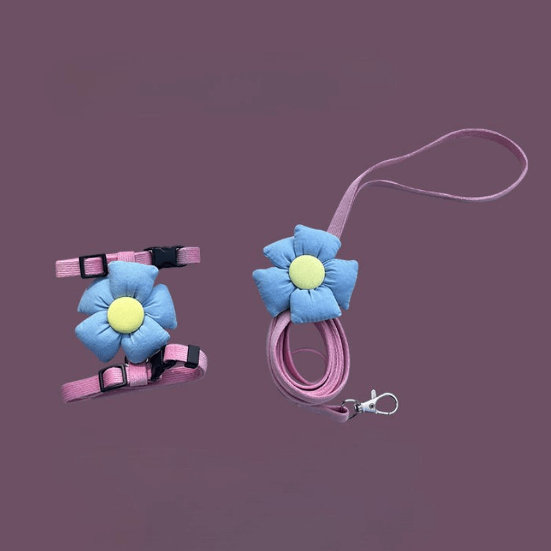 Pink blue flower cat harness and leash set, breathable and adjustable for outdoor use.