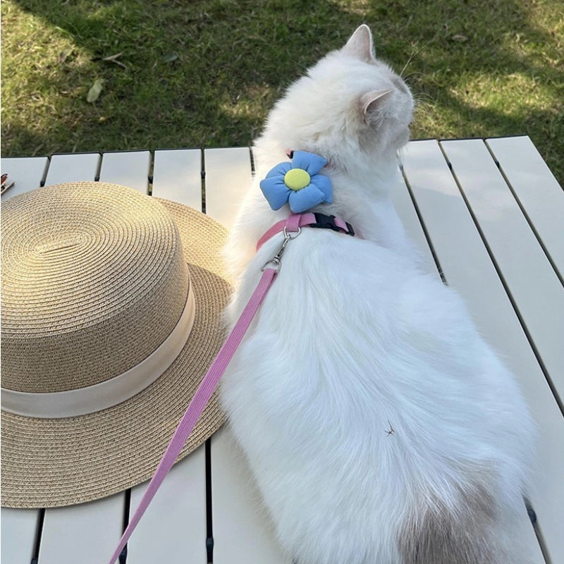 Pink blue flower cat harness and leash set, breathable, desensitization and adjustable for exploring use.
