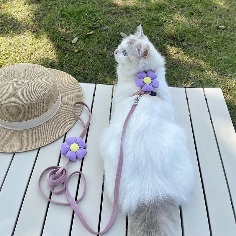 Purple flower cat harness and leash set, soft, light and secure fit for small cats.