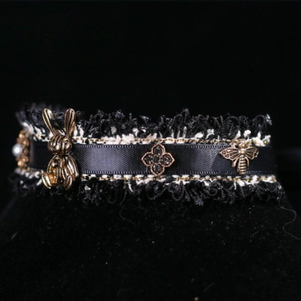 Handmade Cat Collar | Black Lace and Golden Rabbit