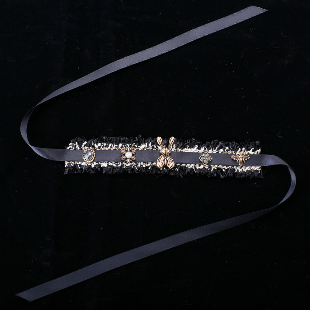 Handmade Cat Collar | Black Lace and Golden Rabbit