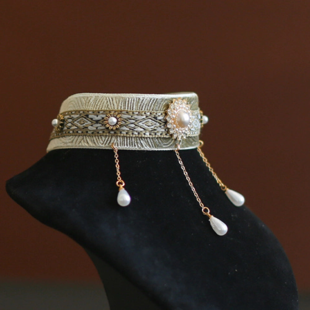 Handmade Cat Collar | Celadon Velvet with Pearl Chain