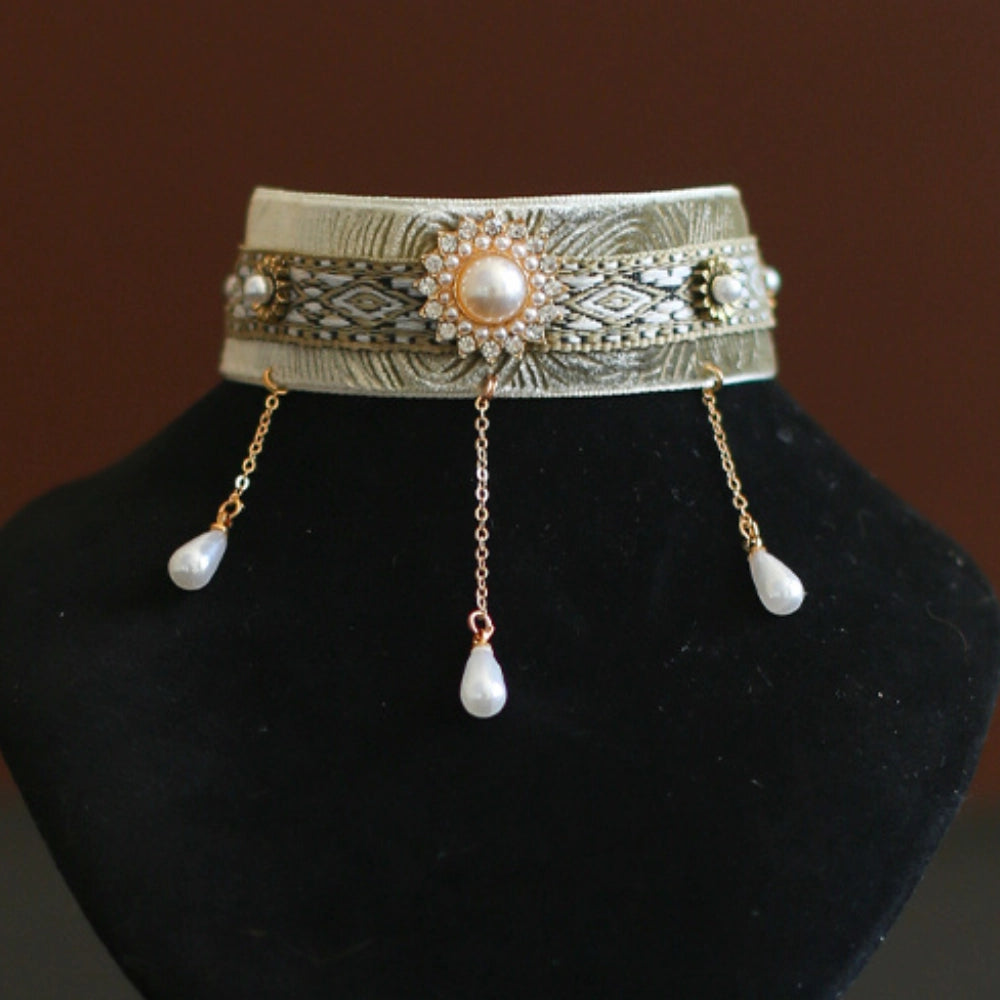 Handmade Cat Collar | Celadon Velvet with Pearl Chain