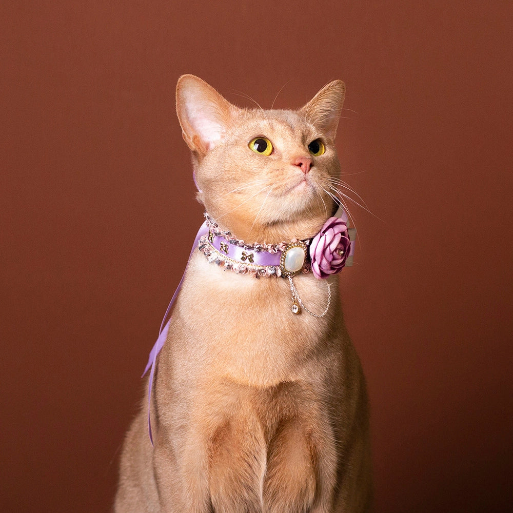 Handmade Cat Collar | Lavender Floral and Pearl