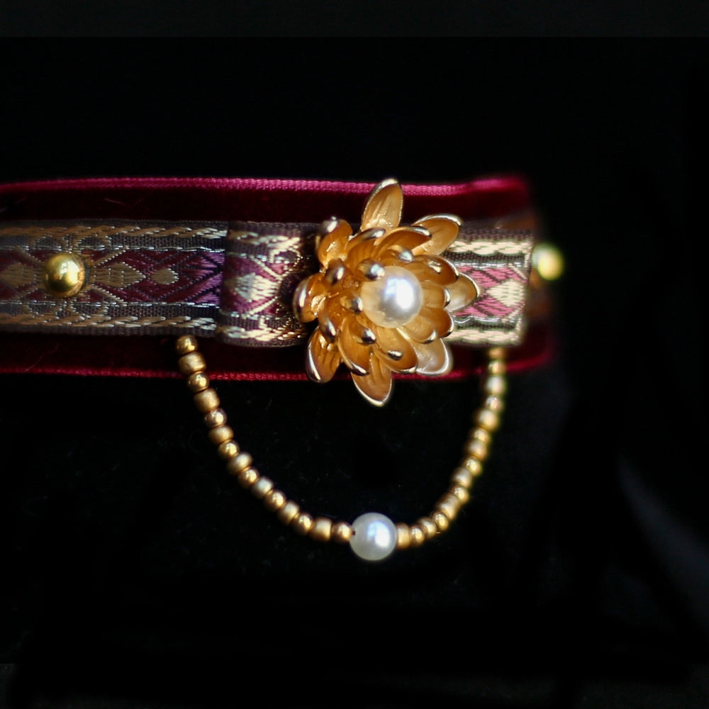 Handmade Cat Collar | Red Velvet with Lotus