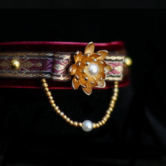 Handmade Cat Collar | Red Velvet with Lotus