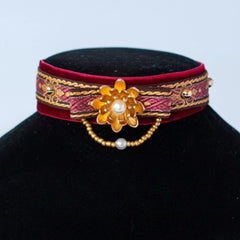 Handmade Cat Collar | Red Velvet with Lotus