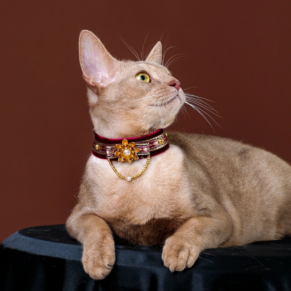 Handmade Cat Collar | Red Velvet with Lotus