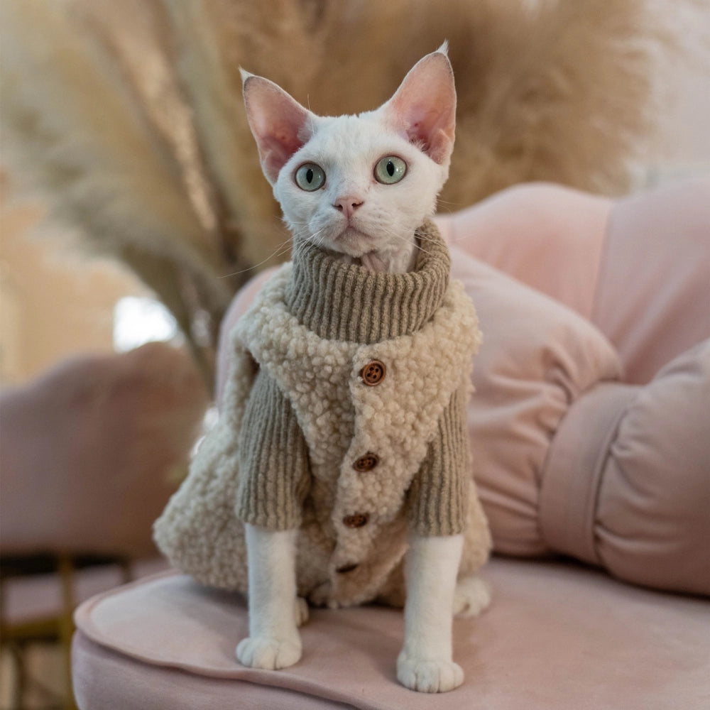 Sphynx Cat Clothes – Vintage Fleece Vest & Knit Sweater Set