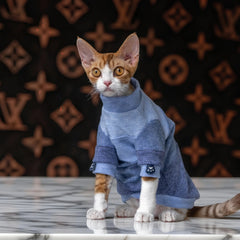 Detailed view of the cute navy blue paw print embroidery on the cuff of a Devon Rex cat sweater - explormeow