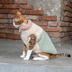 Warm sherpa fleece cat vest in brown and beige color-block design, featuring a cozy thick collar and flower zipper charm - explormeow