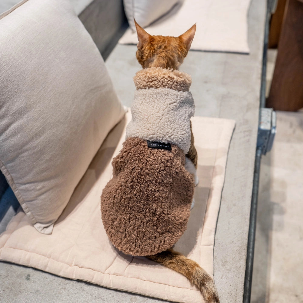 Warm winter sherpa fleece Sphynx cat sweater vest in earth tones for indoor and outdoor comfort - explormeow