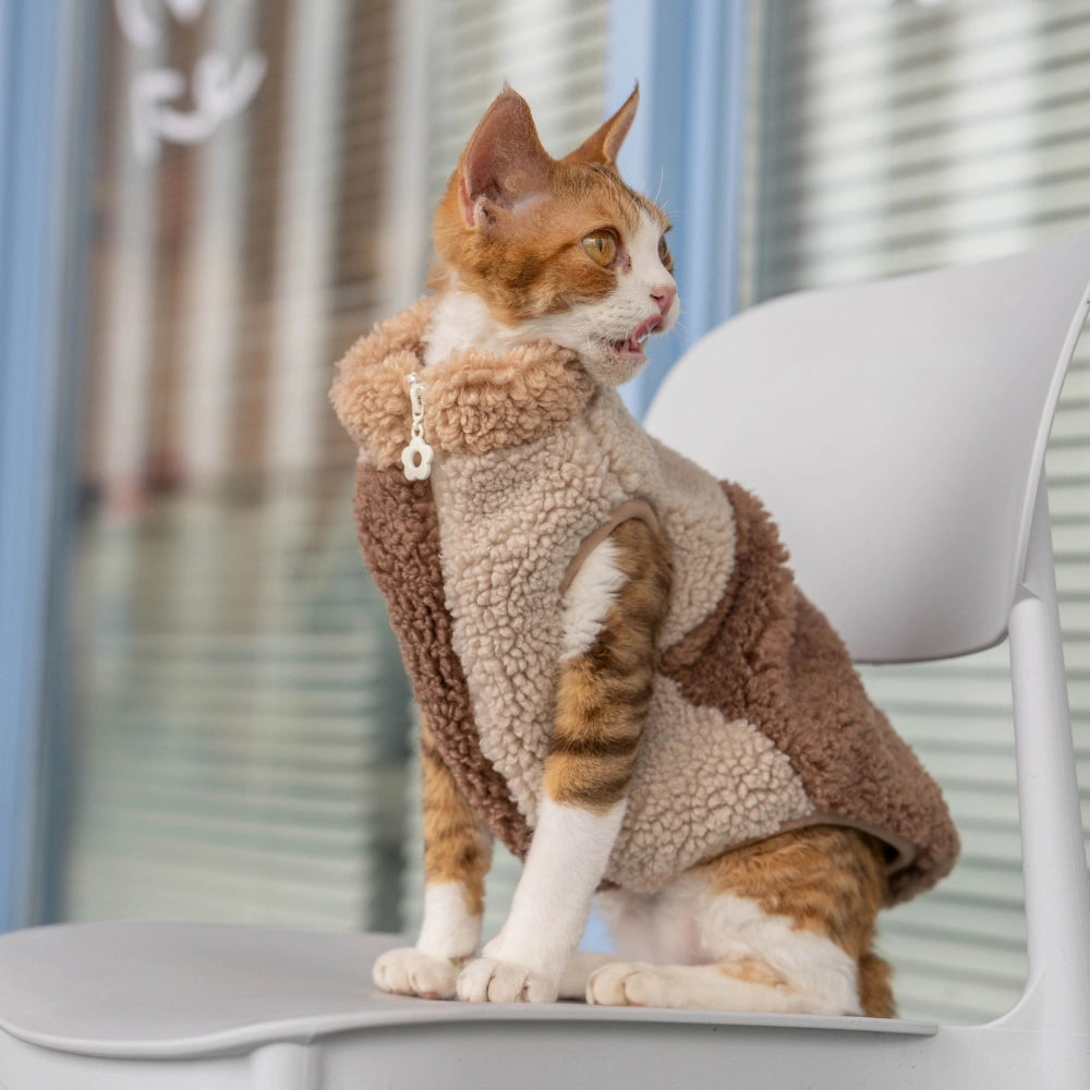 Brown and beige color-block fleece Sphynx cat vest with a cozy high collar, worn by a ginger tabby cat - explormeow