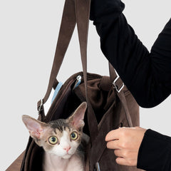 Vintage Suede Cat Carrier Tote – Escape Proof | Chocolate Brown