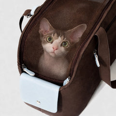 Vintage Suede Cat Carrier Tote – Escape Proof | Chocolate Brown
