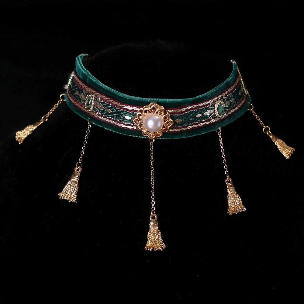 Handmade Cat Collar | Dark Green Velvet with Tassel