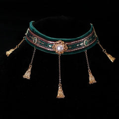 Handmade Cat Collar | Dark Green Velvet with Tassel